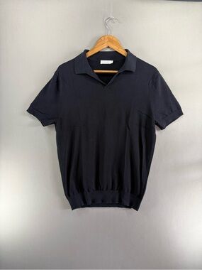 SuitSupply Buttonless Polo Shirt Mens Size Large Black Cotton Silk Short Sleeve